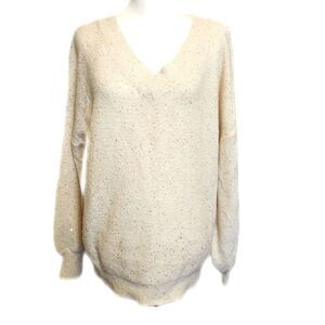 Listicle all-over gold sparkle cream sweater, v-neck front & back, size M